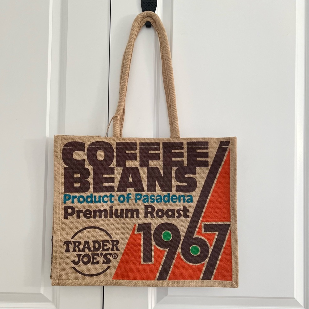 Trader Joe's Coffee Beans 1967 Pasadena Burlap Jute Reusable Tote Bag